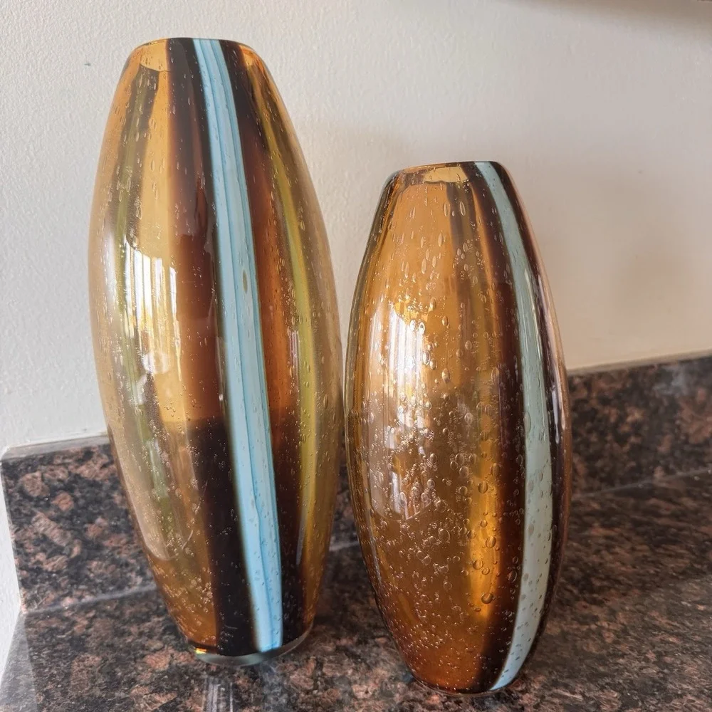Pier One 1 Art Glass Hand Blown Amber Blue Stripe Bubble Glass Vases